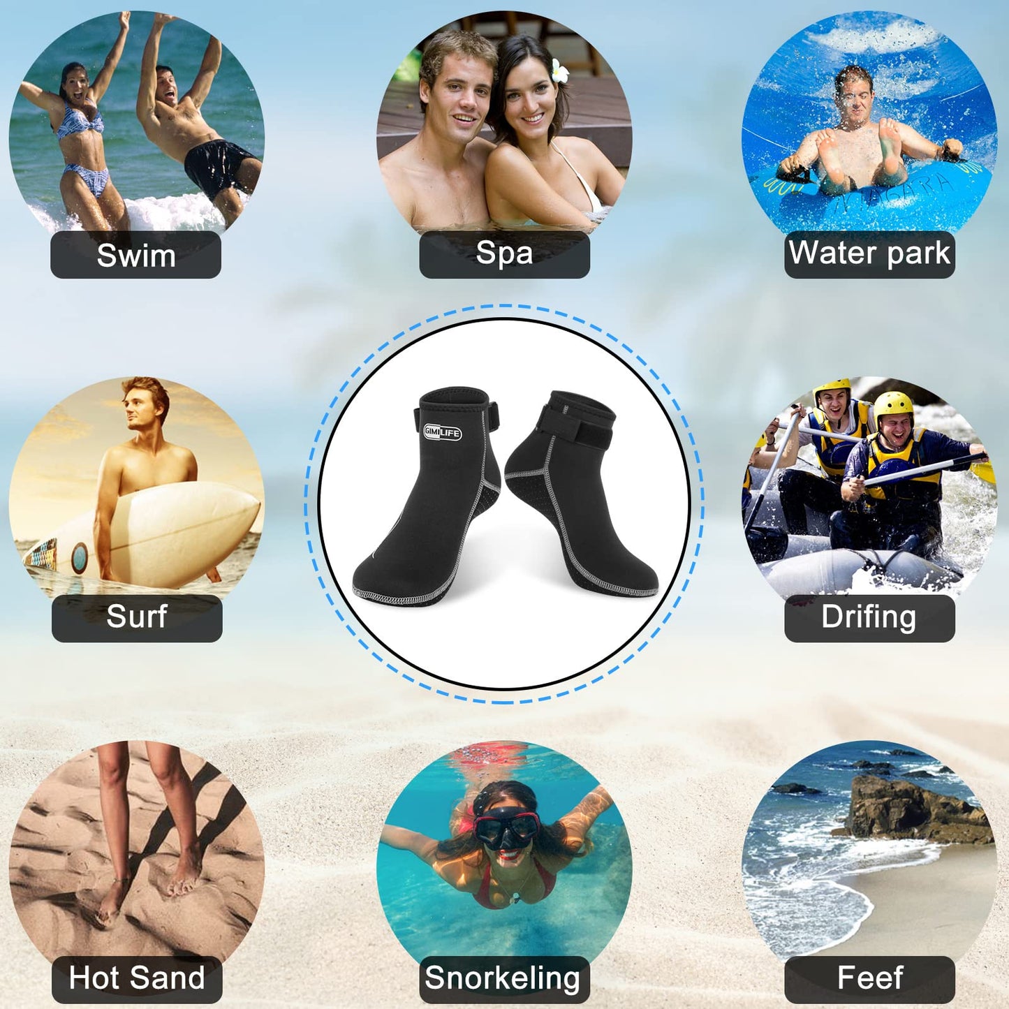 Gimilife Neoprene Socks, 3MM Water Socks for Women Men, Diving Wetsuit Sock for Beach Volleyball Snorkeling Surfing