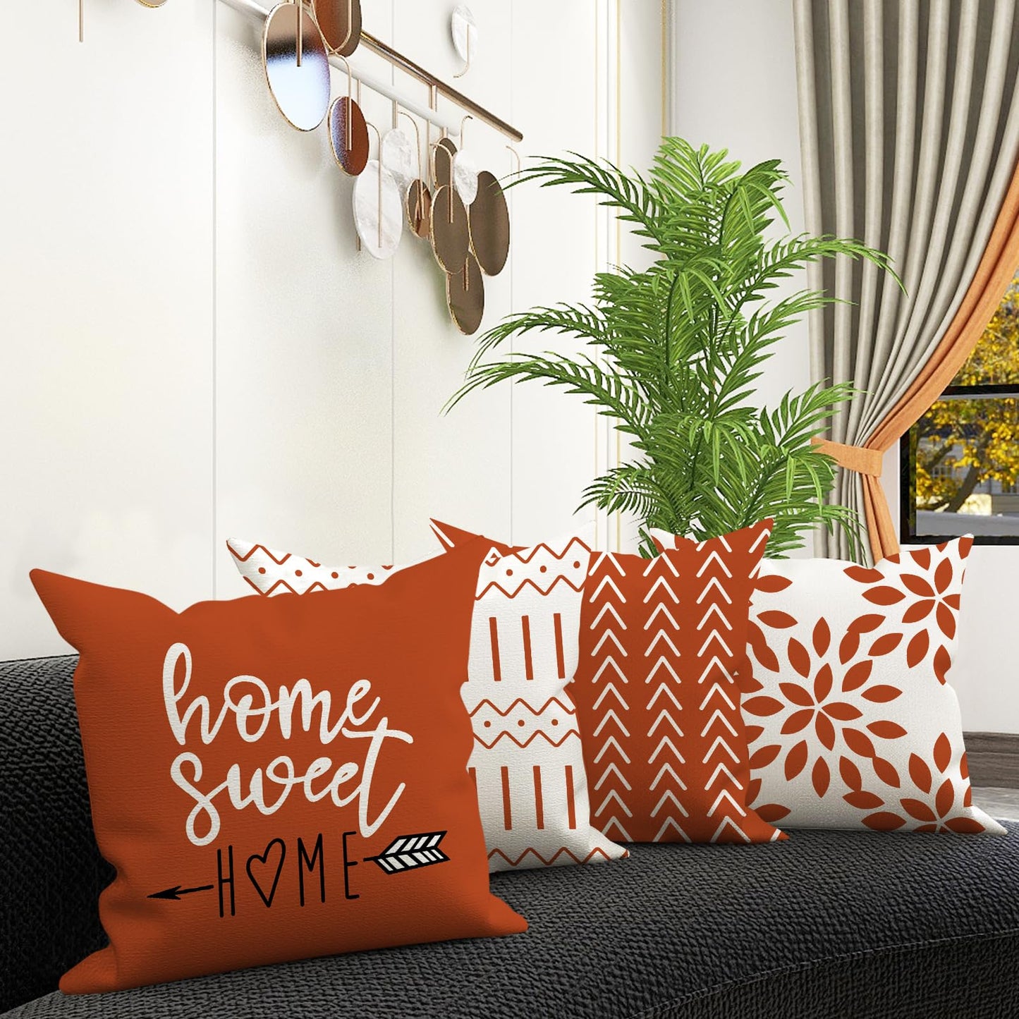 YCOLL Burnt Orange Linen Pillow Covers 18x18 Set of 4, Home Sweet Home Farmhouse Throw Pillow Covers, Holiday Decorative Cushion Covers for Sofa Couch Bed, Autumn Burnt Orangeic Fall Decor