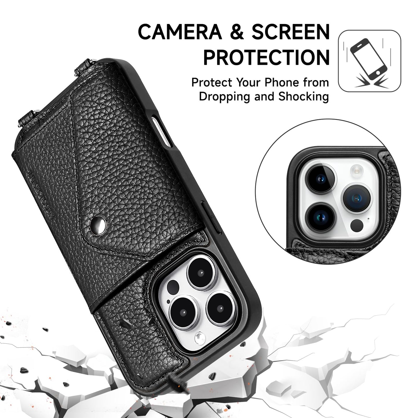 LUCKYCOIN Crossbody Phone Case for iPhone 16 Pro,100% Genuine Leather Phone Wallet Case for Women, Premium Hands-Free Phone Purse with Expandable Flip Card Holder & Adjustable Strap - Pebble Black