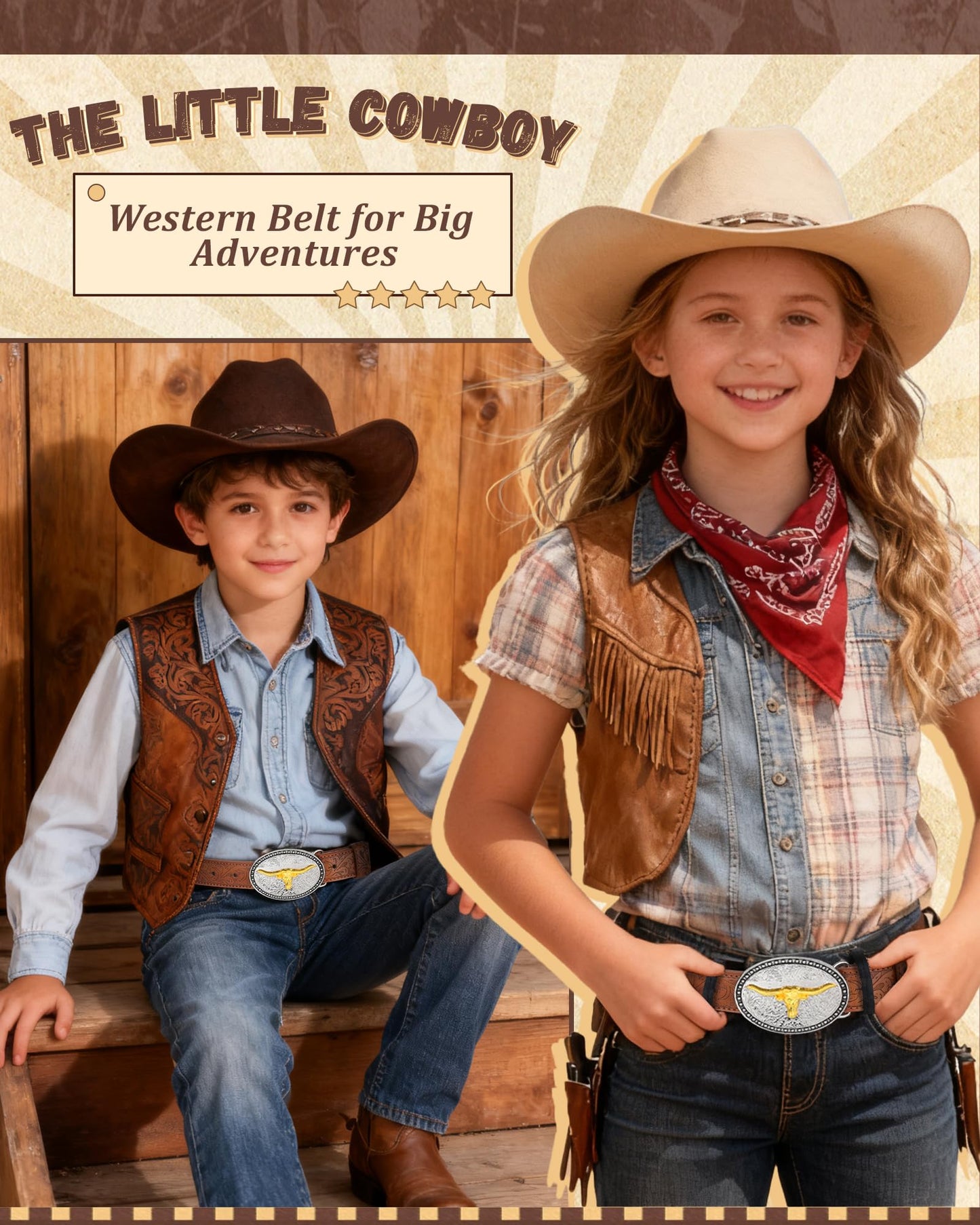 AWAYTR Kids Western Belt with Detachable Buckle - PU Leather, 3 Sizes (23"-34.5"), Adjustable for Daily Wear & Halloween (Cow Buckle-Brown, Fit Waist: 26.5"-30")