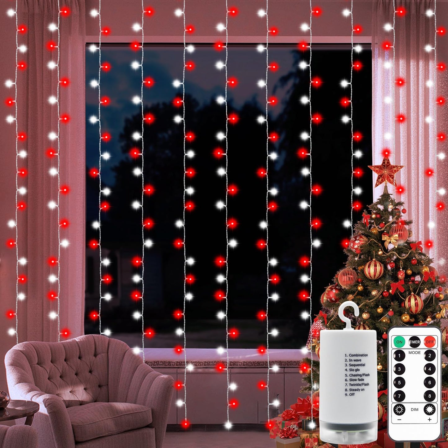 DealBeta Battery Operated Curtain Lights Christmas Red White with Remote 9.8×9.8ft