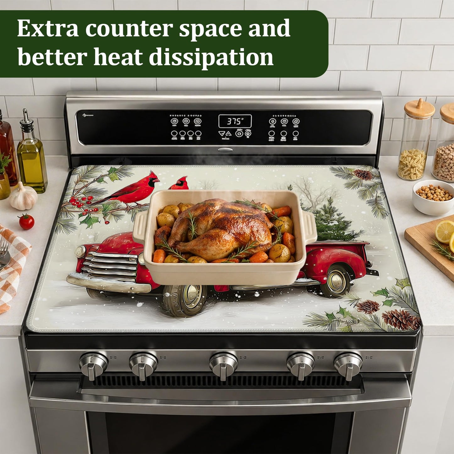 Red Truck Christmas Stove Top Cover for Electric Stove 28.5"x 20.5",Cardinal BirdHeat Resistant Glass Top Stove Cover Protector, Glass Cooktop Covers, Kitchen Flat Electric Stove Top Covers