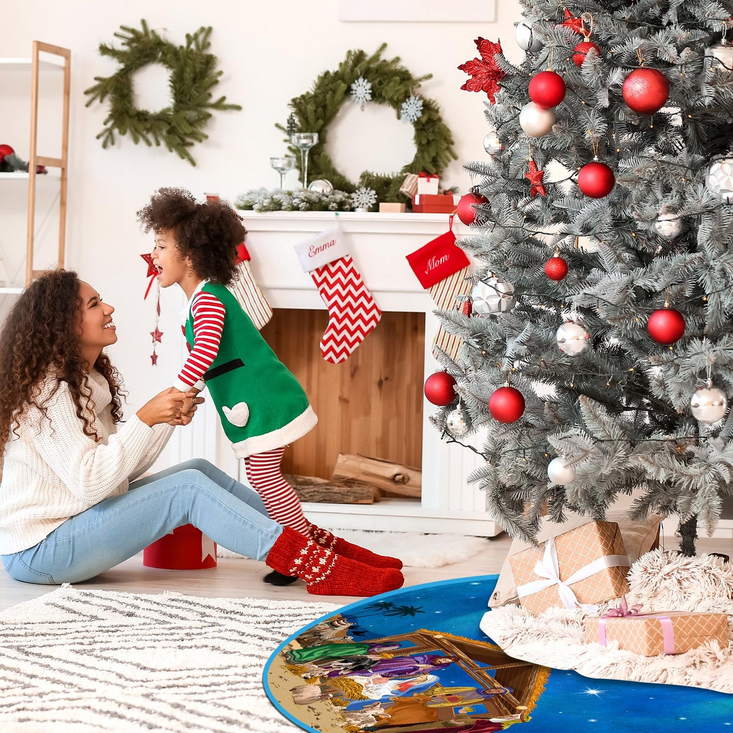 Blosssound Christmas Tree Skirt Christian Christmas Tree Mat Winter Holiday Party Decoration for Xmas Farmhouse Indoor Outdoor Decor Supplies(48 Inch,Blue)