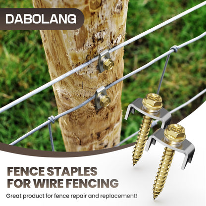 Dabolang 200 PCS Wire Fence Staples with Wire Fixer, Fence Fasteners for Wire Fencing, Fence Post Screws for Softwoods, Reuse/Easy Remove Fence Nails for Mesh and Woven Fencing Repair