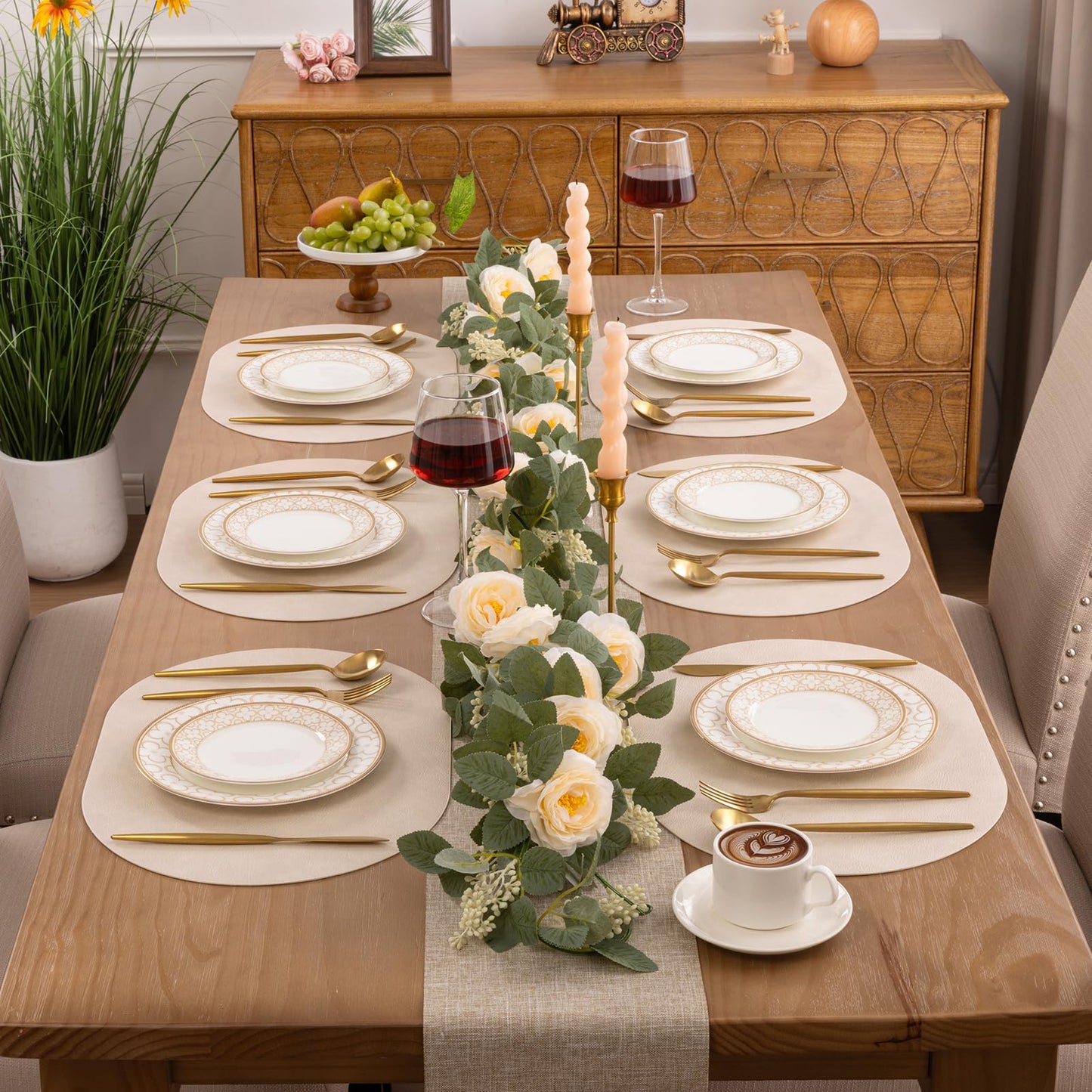 SHACOS Faux Leather Oval Placemats Set of 6 Waterproof Heat Resistant Washable Wipeable Place Mats Solid Table Mats for Kitchen Dining Room Decor, White Oak Beige