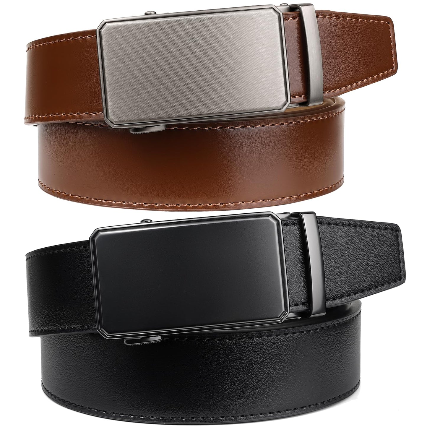 2 Pack Ratchet Belt 1 3/8", Mens leather Dress Belt in Gift Set Size 28"-62" Adjustable waist Trim to Fit (Dark Brown/Black, 28"-42" Waist Adjustable)