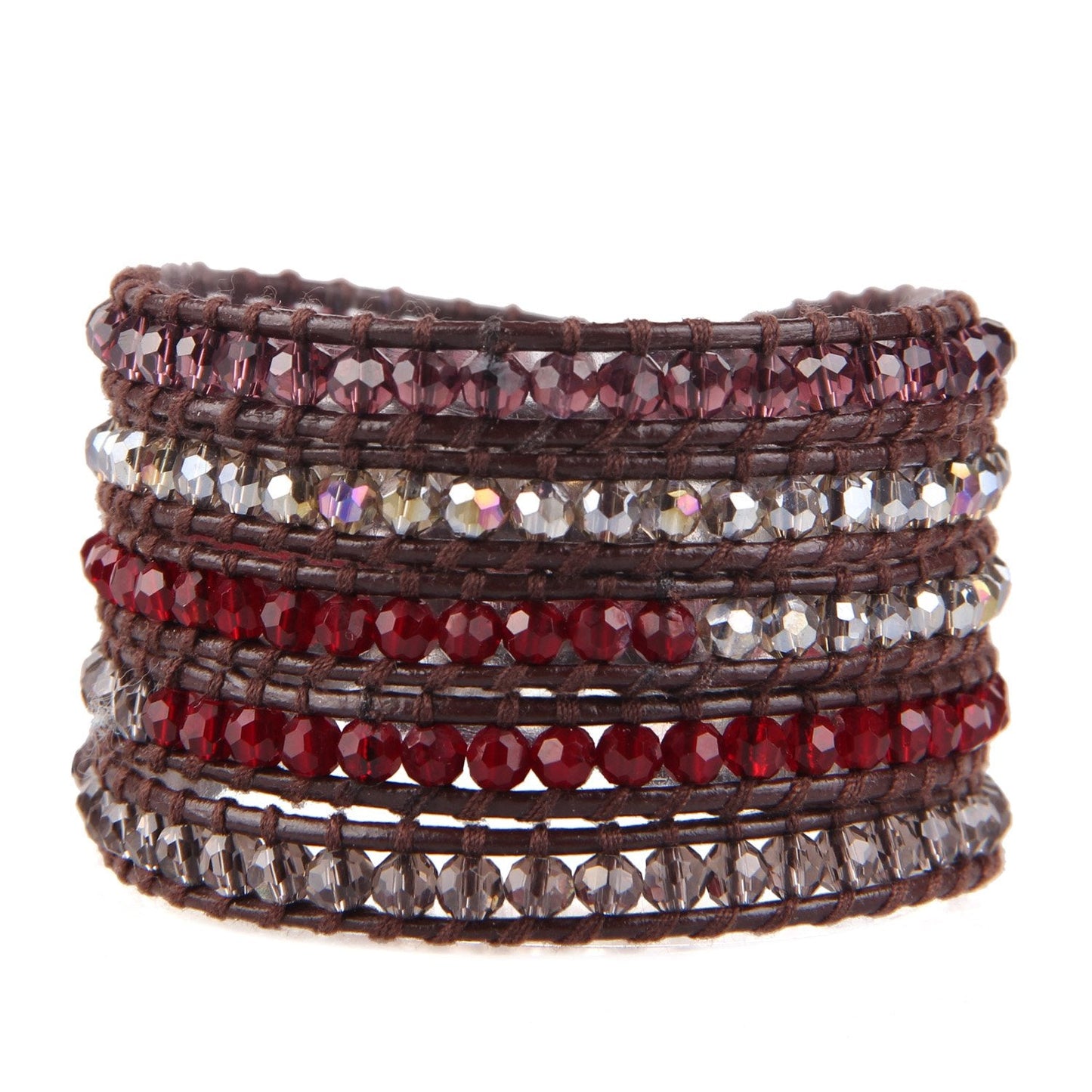 KELITCH Fashion Color Crystal Mix Beaded 5 Wrap Bracelet On Natural Leather Handmade New Women Jewelry (Red Crystal)