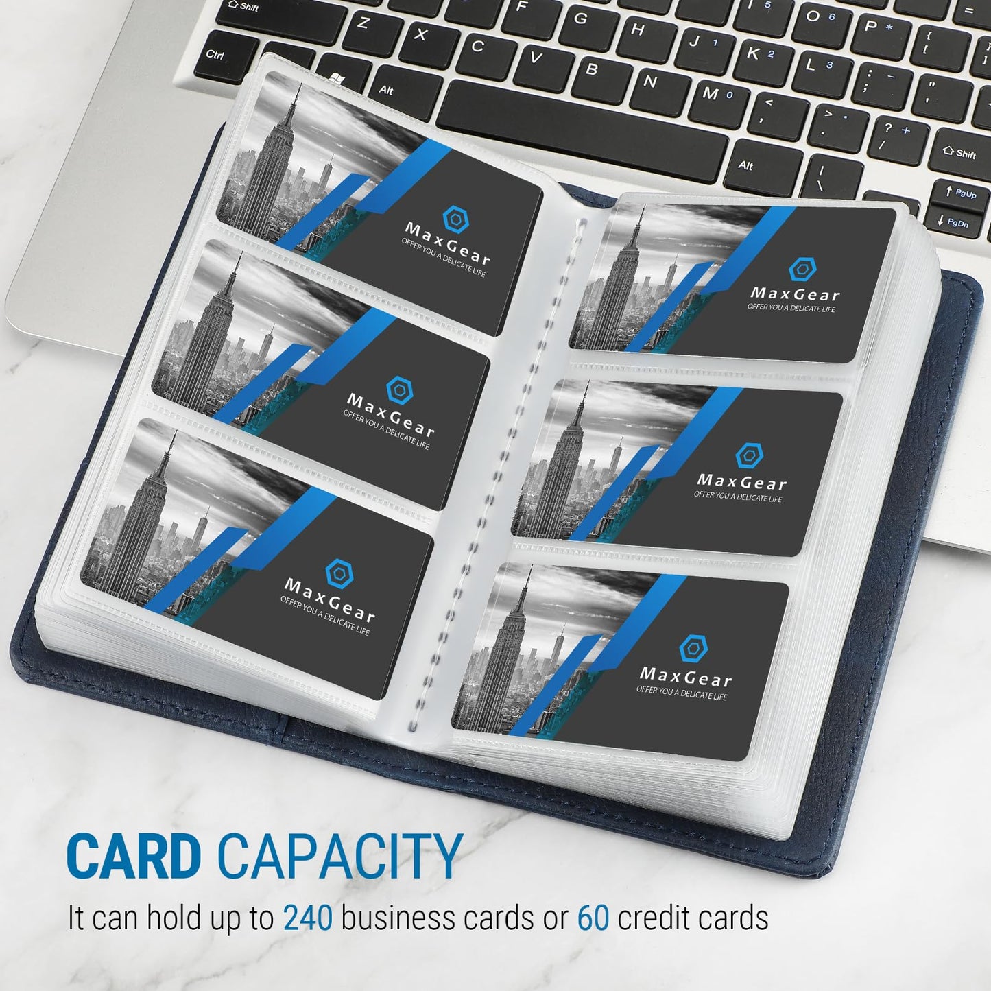 MaxGear Business Card Organizer Book, Holds 240 Cards, Portable PU Leather Business Card Holder with Clear Sleeves, Professional Card Binder for Office, Meetings, Networking, Blue