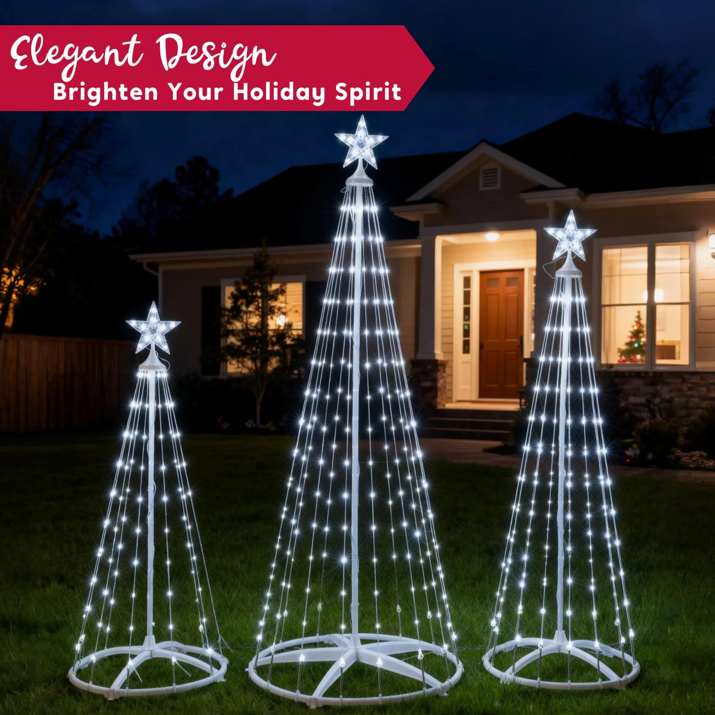 JOYIN 3 Pack LED Christmas Cone Tree Lights, 4FT 5FT 6FT Outdoor Lighted Tree with 8 Lighting Modes & Star Topper, Christmas Decorations for Yard Porch Patio Garden Holiday Decor, Cool White