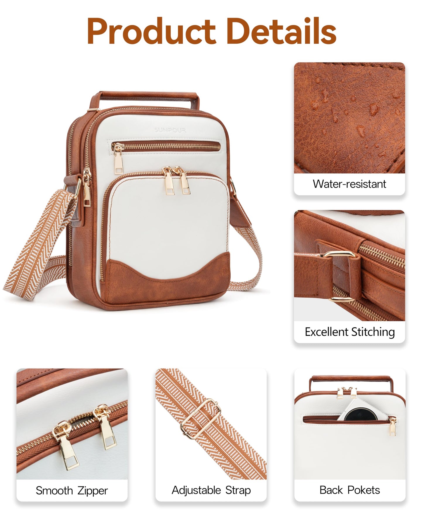 Sunpour Womens Crossbody Purse, Vegan Leather Crossbody Bag RFID Built-in Wallet Handbag Shoulder Bag for Travel (Beige&Brown)