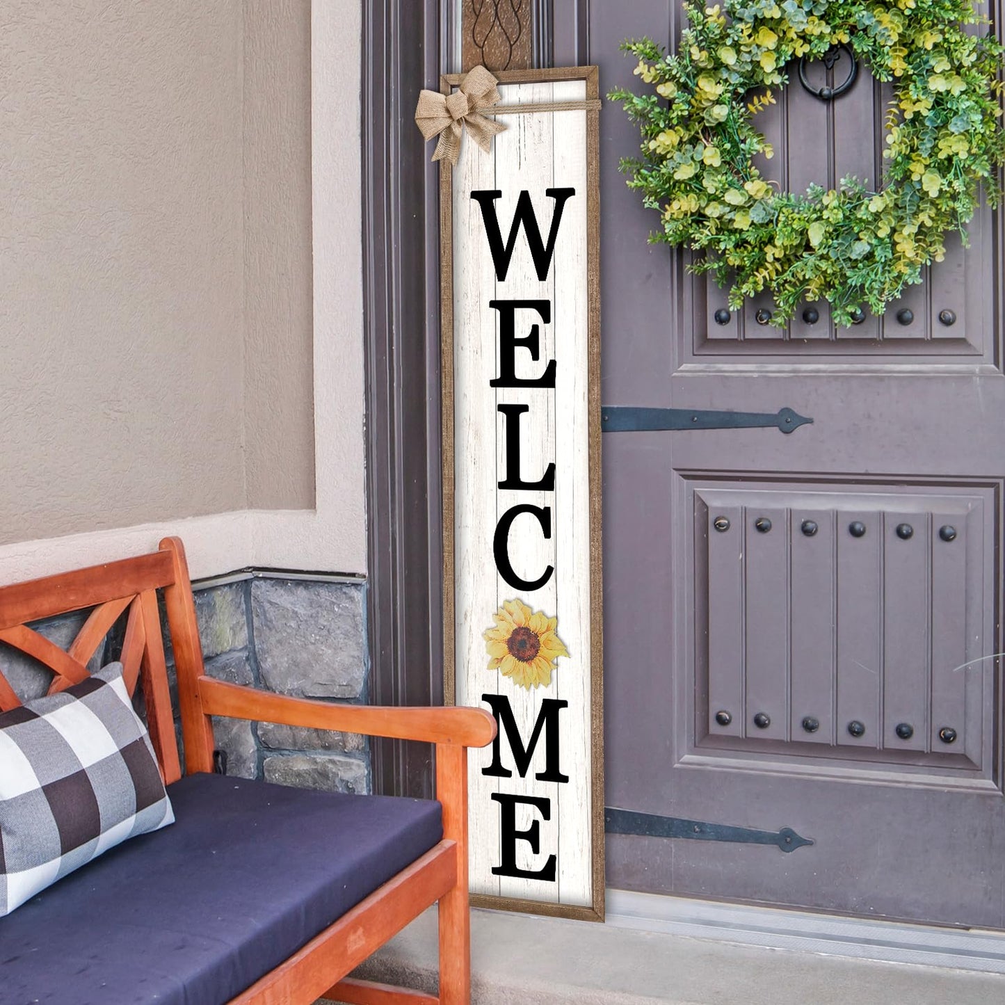LuZhiQiang Front Porch Welcome Sign for Interchangeable Standing 45"X9" With 12 Pcs Replaceable Icons Wood Frame Signs Outdoor Front Door Decor (Wood White)
