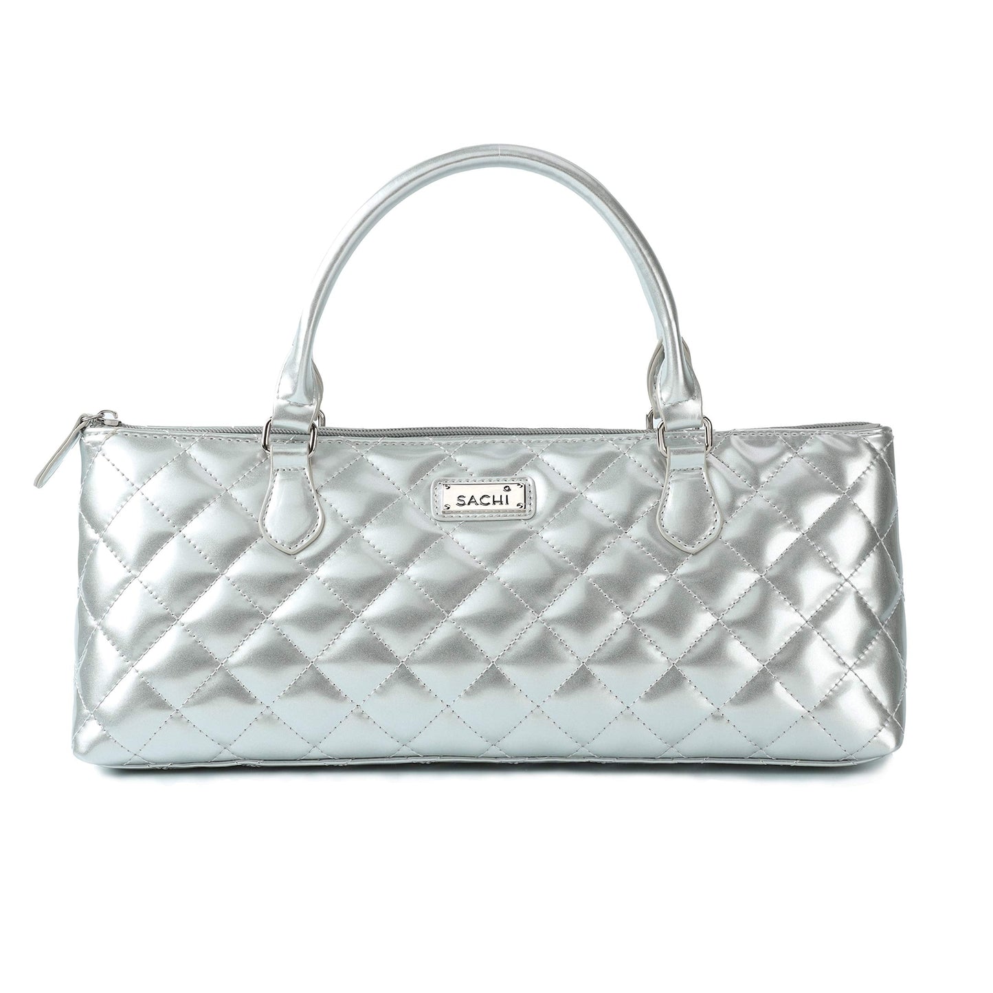 Sachi La Soir'ee Faux Leather Insulated Wine Purse Clutch Tote Handbag | Stylish Women's Wine Carrier Cooler Bag (Silver Quilted)