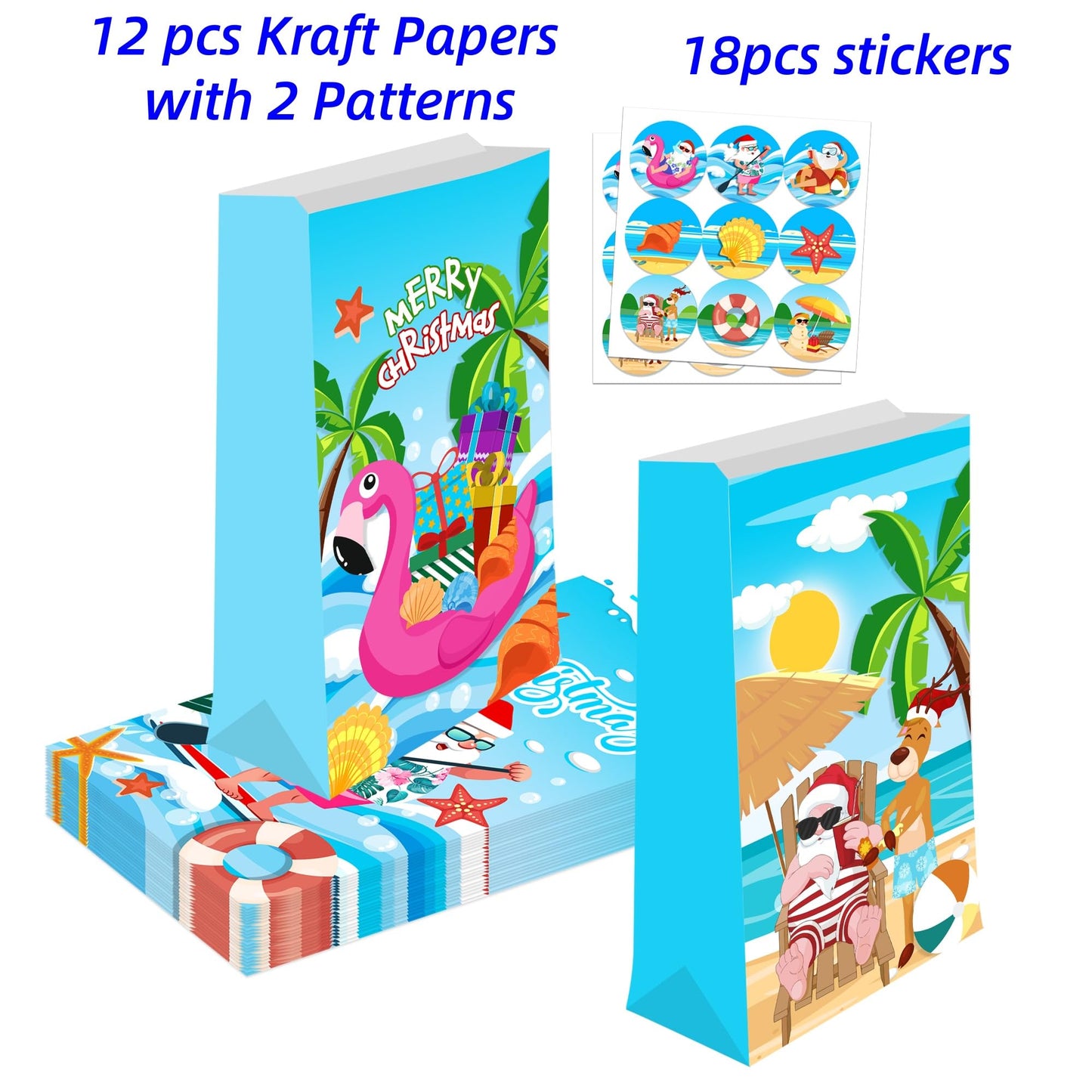 KYMY 12PCS Summer Christmas Party Favor Bags, Hawaiian Beach Paper Totes with Stickers, July Xmas Tropical Santa & Flamingo Treat Bags for Luau Holiday Party Decorations Supplies