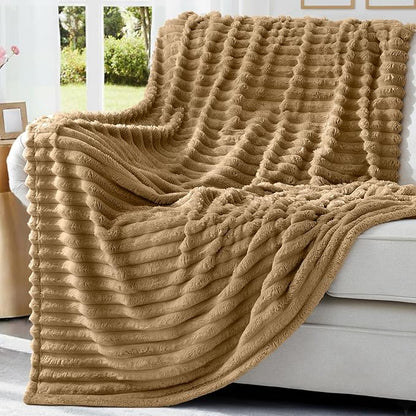 decorUhome Soft Fleece Brown Blanket King Size for Bed, Cozy Fluffy Plush Flannel Large Striped Throws for Couch Sofa, Lightweight Decorative Fuzzy Blanket for Woman, 108x90 Inches
