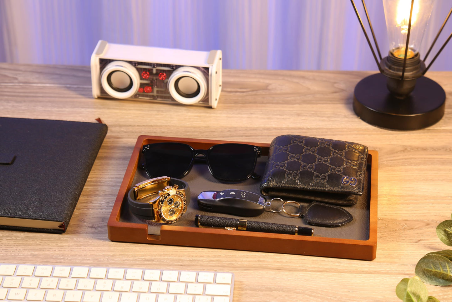 Shinpuru Wooden Valet Tray for Men, Nightstand Organizer with Leather Inlay, EDC Essentials Catchall Tray for Keys, Phone, Wallet, Watch, Earbuds - Bedside Desk Entryway Tray (Wood-Full)