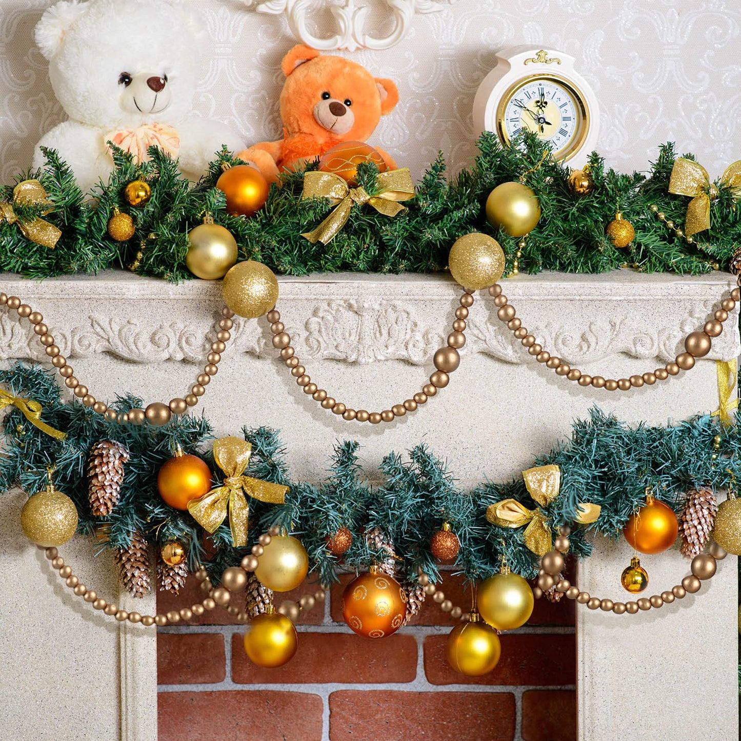 12 Feet Summer Christmas Wooden Beads Garland Round Craft Farmhouse Vintage Christmas in July Wood Bead Garlands for Xmas Supplies(Gold)