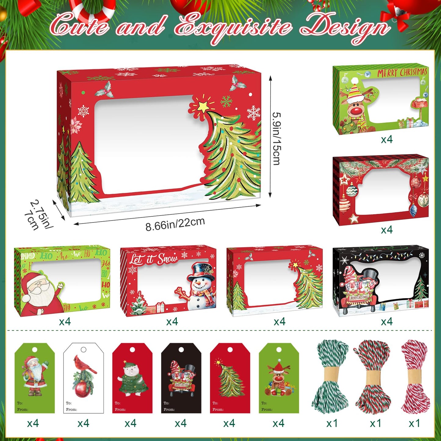 24 Pcs Christmas Cookie Boxes 8.7"x 6"x 2.7" Christmas Bakery Treat Box With Window Tag and Ribbons Goodie Candy Cookie Containers Kraft Paper Cookie Tins for Winter Holiday Xmas Party Gift Giving