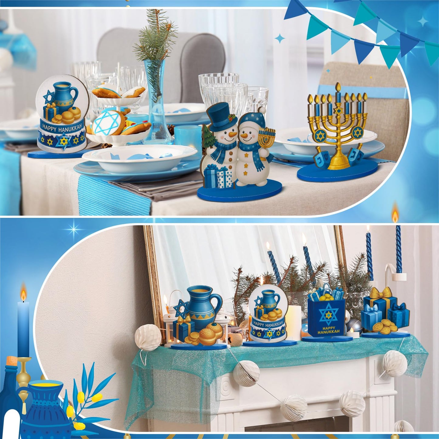 Realspring 12 Pcs Hanukkah Table Centerpieces Decor Chanukah Menorah Wooden Signs Star of David Table Topper Decor Hanukkah Centerpieces for Home Tray Office Desk Decorations