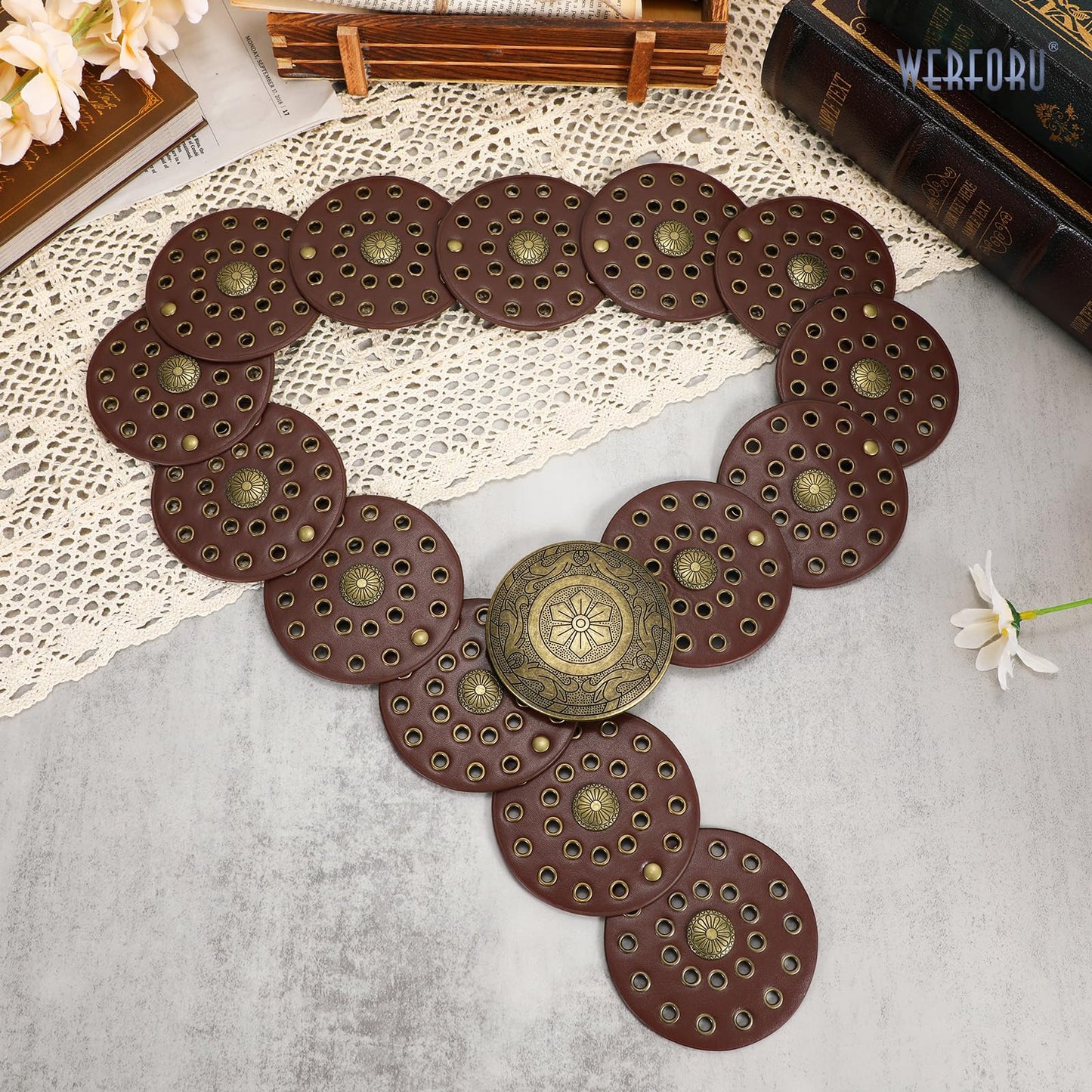 WERFORU Women Wide Western Disc Belt Cowgirl Boho Leather Belt for Jeans Dress
