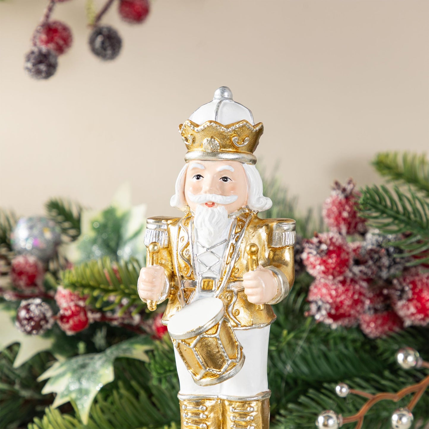 Glitzhome Nutcracker Christmas Stocking Holders, Set of 2 Gold and White Polyresin Mantel Hooks for Fireplace, Holiday Decor with Non-Slip Base