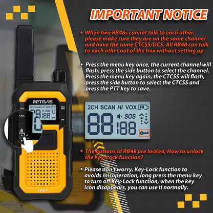 Retevis RB48 Walkie Talkies for Adults, with G-Type Earpiece, MIL-STD 810H, Advanced Triple Proof, Support VOX, 2000mAh, Emergency Alert, Vibration Reminder, Heavy Duty Two Way Radios(2 Pack)