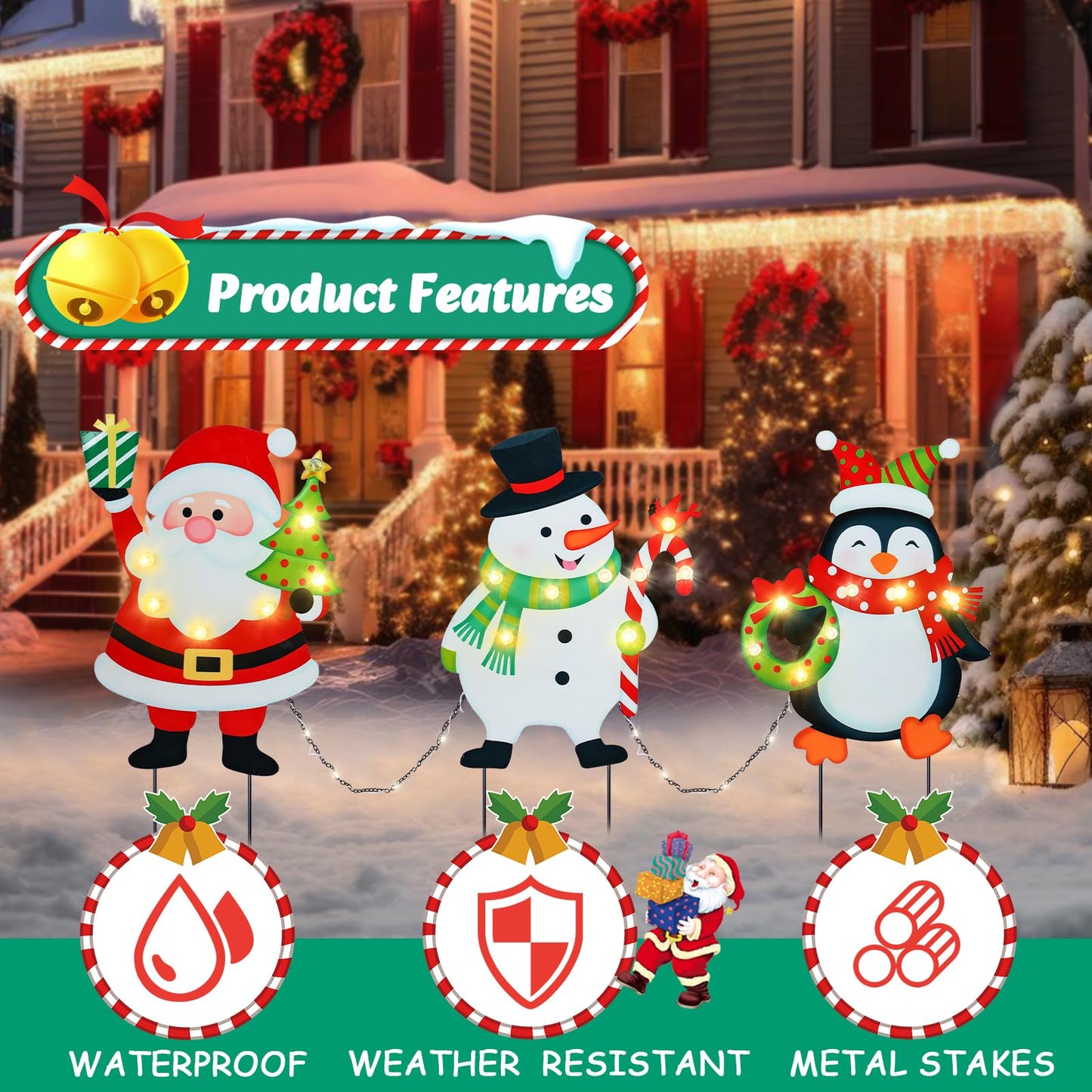 WONDER GARDEN Christmas Yard Stakes, 3 PCS LED Light Xmas Yard Signs with Santa Claus, Snowman, Penguin Christmas Yard Decorations for Lawn Party Decorations