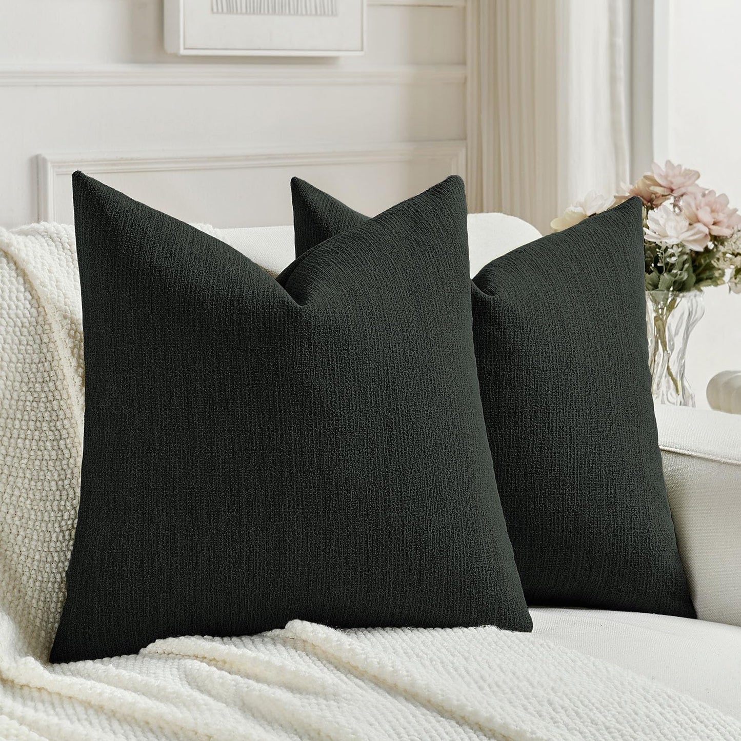 FUTEI Pack of 2 Chenille Decorative Throw Pillow Covers 18x18 Inch,Soft Cozy Faux Linen Textured Cushion Case,Farmhouse Home Decor for Couch Living Room,Black