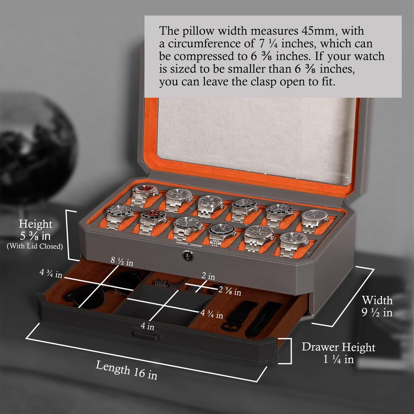 ROTHWELL 12 Slot Leather Watch Box with Valet Drawer - 12 Slot Luxury Watch Case Display Organizer, Microsuede Liner, Mens Accessories Holder, Jewelry Case, Jewelry Display Organizer (Grey/Orange)