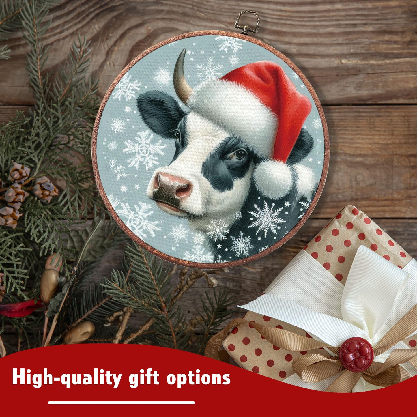 heiyihe Round Christmas Canvas Hanging Prints, 10x10 Inches Round Christmas Highland Cow Wall Art Decor, Holiday Embroidery Kit Decor for Home Living Room, Xmas Gift Ideas for Family Friends-A14