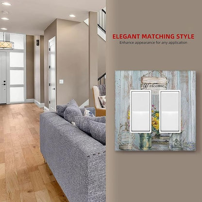 Sunflower Vintage Barn Wooden Double Rocker Light Switch Cover Sun floral 2 Gang Outlet Wall Plate Decorative GFCI Switchplate Electrical Faceplate Farmhouse Home Livingroom Decor