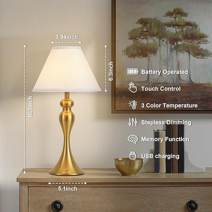 Cordless Bedside Lamp for Living Room, Table Lamp for Bedroom, 3-Way Dimmable Nightstand Lamp with Fabric Shade, Rechargeable Touch Led Desk Lamp Battery Operated Lamp for Dorm, Home Office (Brass)