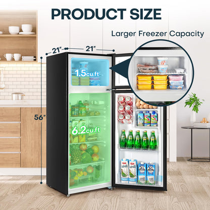 Upstreman 7.7 Cu.Ft. Refrigerator with Freezer, Double Door Fridge, Adjustable Thermostat, Large Capacity, Reversible Door Swing, Refrigerator for Apartment, Office, Dorm, Black（BD75）