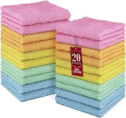DecorRack 20 Pack 100% Cotton Wash Cloth, Luxurious Soft, 12 x 12 inch Ultra