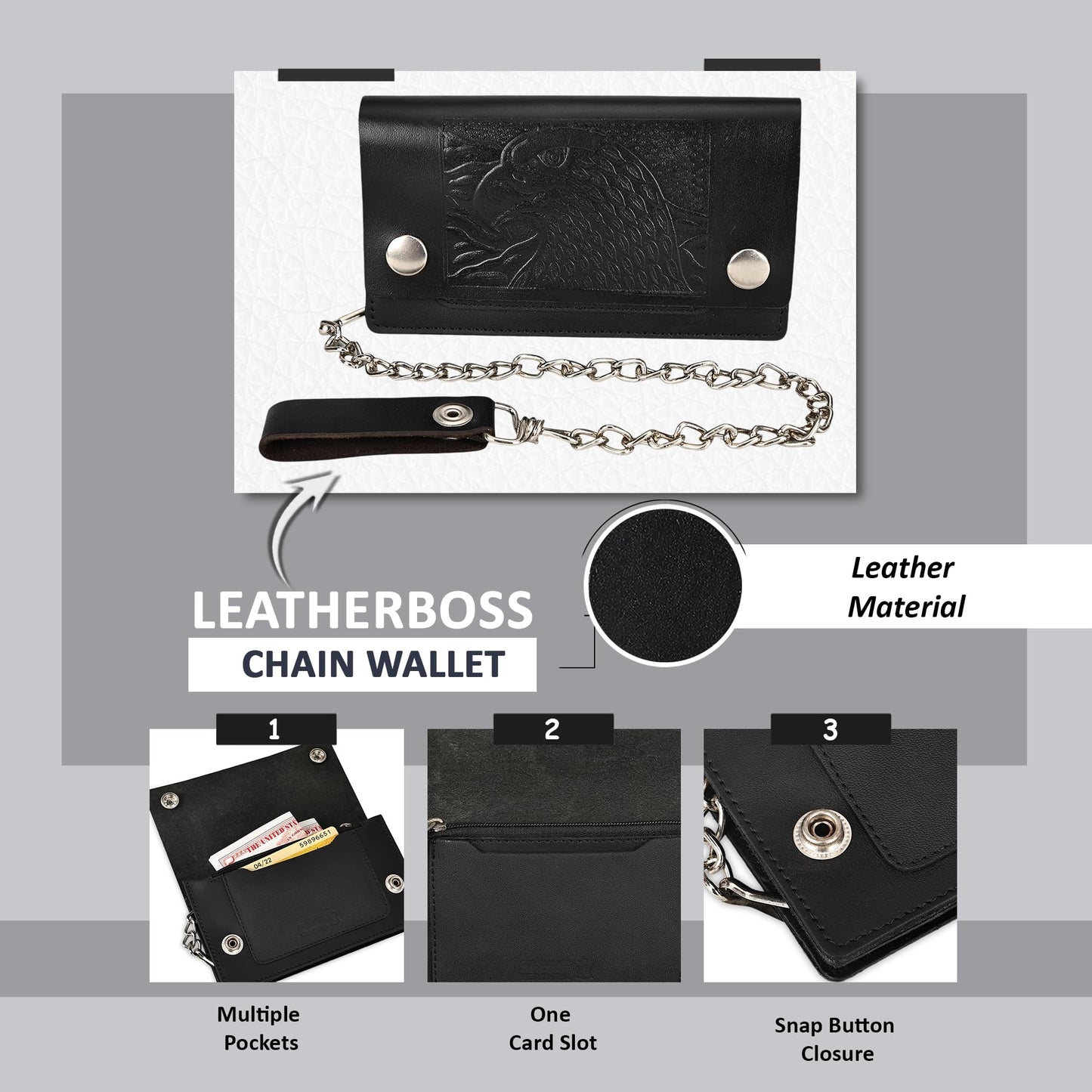 Leatherboss Genuine Leather Men Trifold Eagle Biker Chain Wallet Credit Card Holder for Motorcycle Bikers Truckers