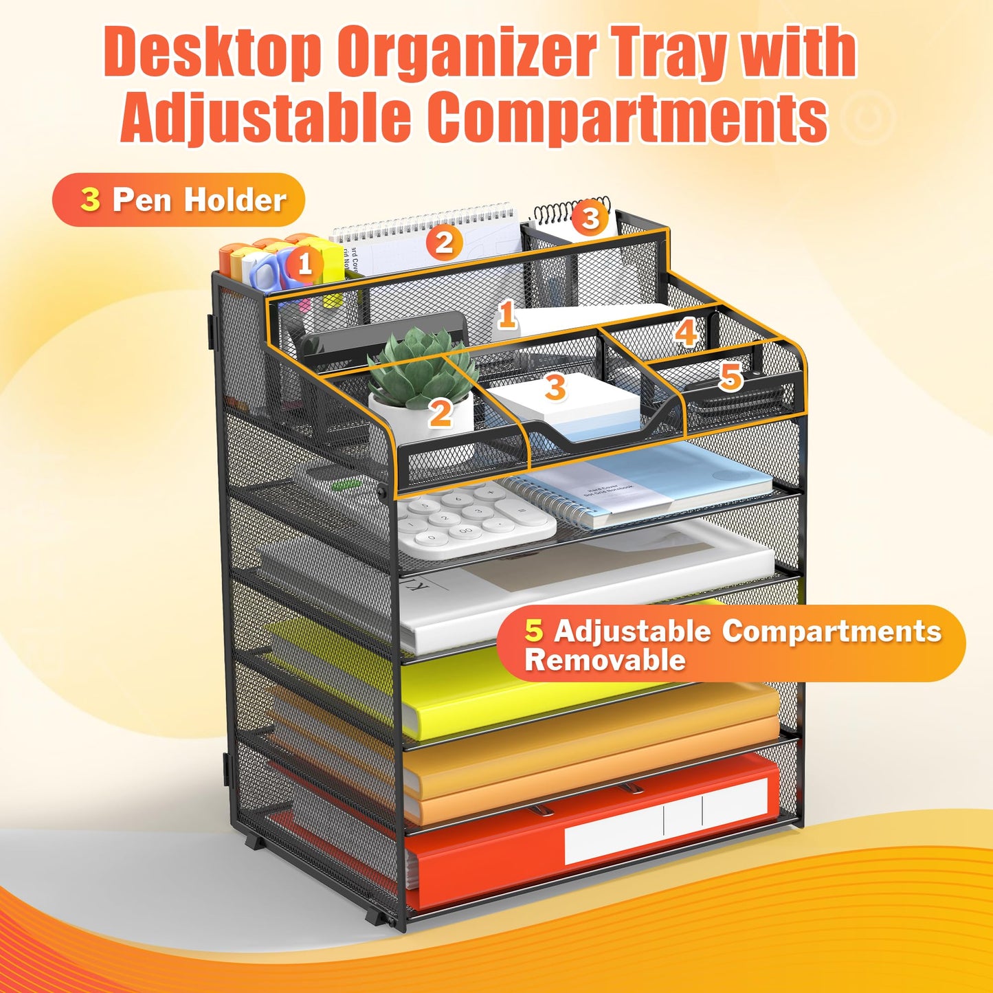 Docnest 6 Tier Mesh Desk Organizer for Paper Office Supplies – Multi-Functional Letter Tray with 5 Adjustable Compartments, 3 Pen Holders, Desktop Storage for Files, Mail, Stationery – Black