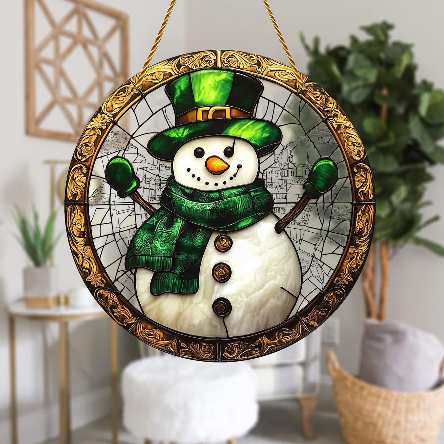 8x8 inch Charming Christmas Snowman Acrylic Stained Glass Window Hanging Sun Catcher Decor Stained Panel Hangings Wall Art Decor, for Friends and Family (Snowman)