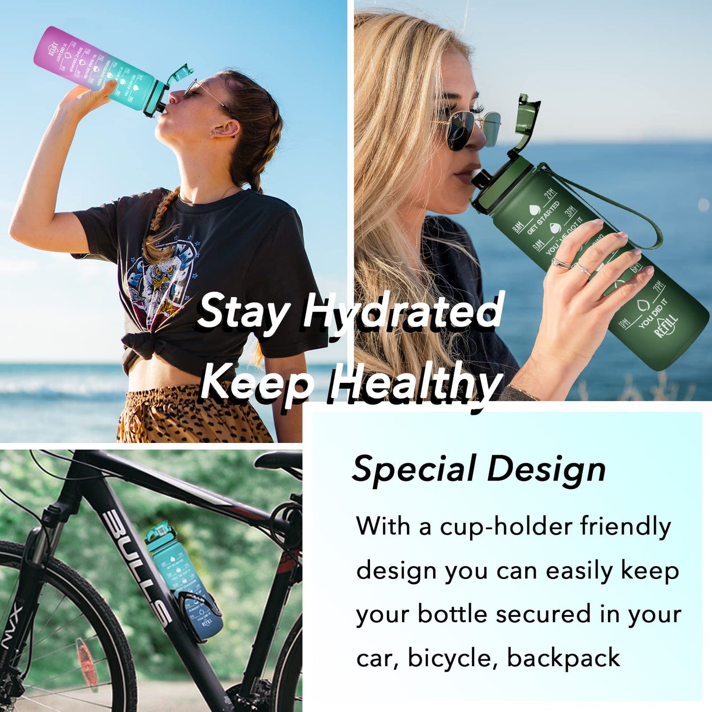 Enerbone 32 oz Water Bottle, Leakproof BPA & Toxic Free, Motivational Water Bottle with Times to Drink and Straw, Fitness Sports Water Bottle with Strap for Office, Gym, Outdoor Sports, Hunter Green