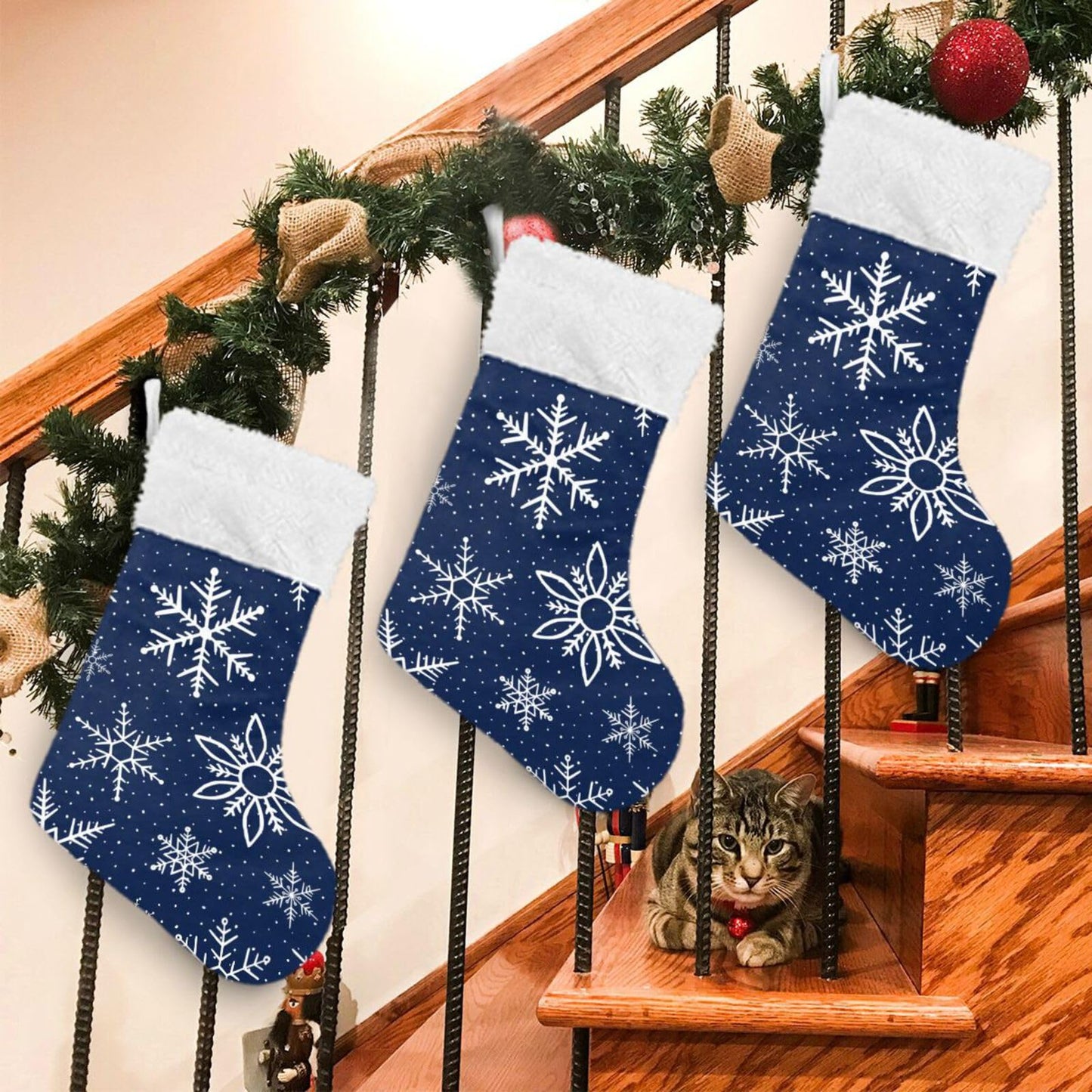 YETTASBIN Blue Snowflake Christmas Stocking 1 Pack, Large Xmas Tree Fireplace Hanging Stockings with Plush Fur Cuff for Family Holiday Party Decor Xmas Gifts, 18 Inch