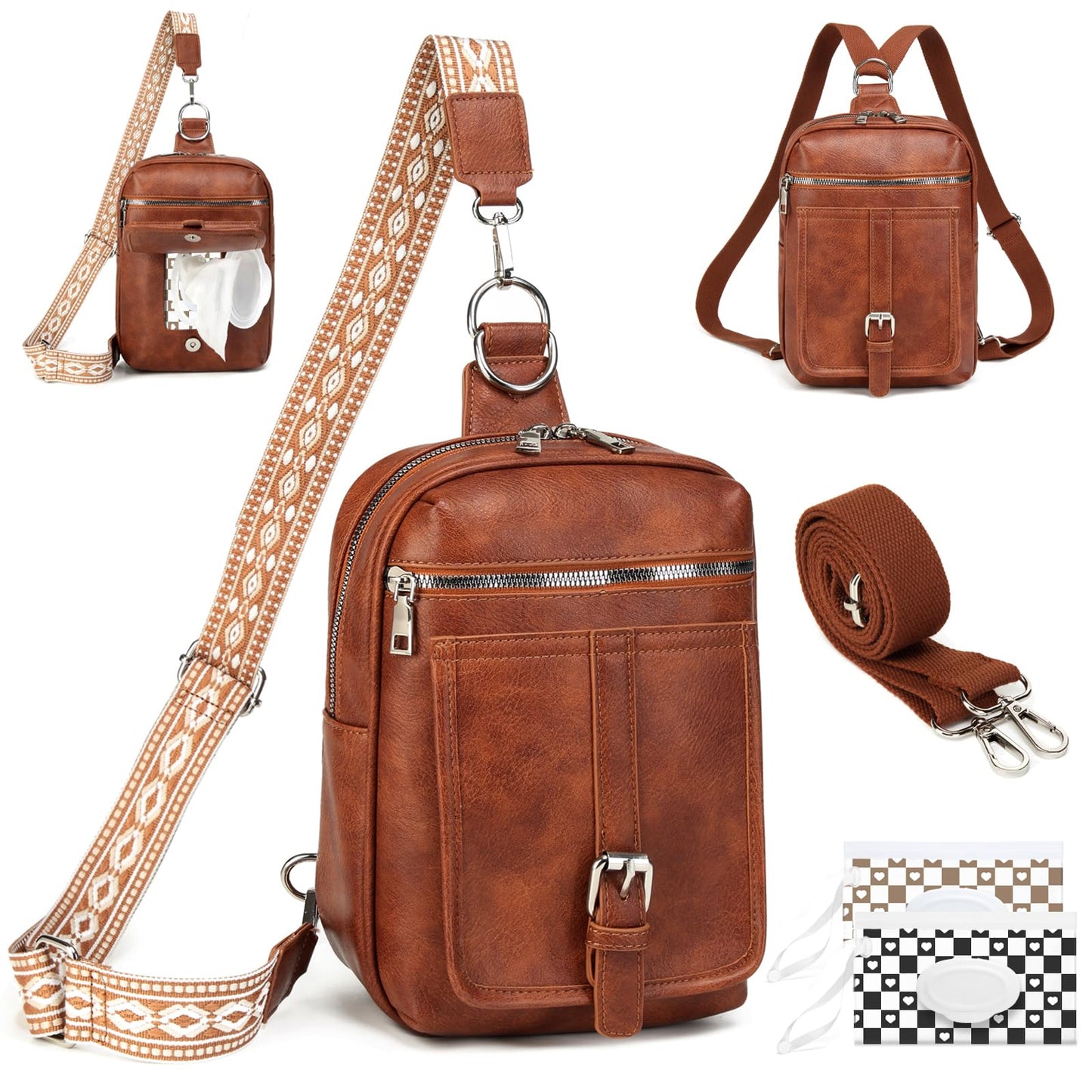 MYHOZEE 2-in-1 Small Diaper Bag Crossbody for Women & Men, Vegan Leather Sling Backpack Purse with Instant Wipes Pocket, Waterproof Travel Chest Bag, Dog Walking Bag, Gift for New Mom Dad, Brown