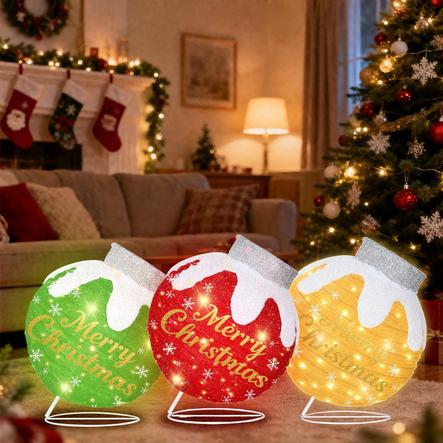 Outdoor Christmas Ball Ornaments, Collapsible Pop-Up Lighted Christmas Decorations with 80 Bright LED Lights, 8 Light Modes, Weatherproof Large Holiday Ball Decor for Yard, Lawn, Home（Red/Green/Beige）