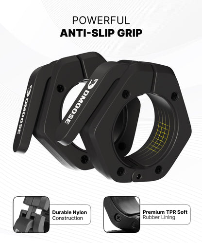 DMoose Fitness Barbell Clips 2" (Pair) - Quick Release Olympic Barbell Clamps with Anti Slip TPR Lining - Barbell Collars for Secure Weightlifting & Powerlifting (Black - Non Magnetic)