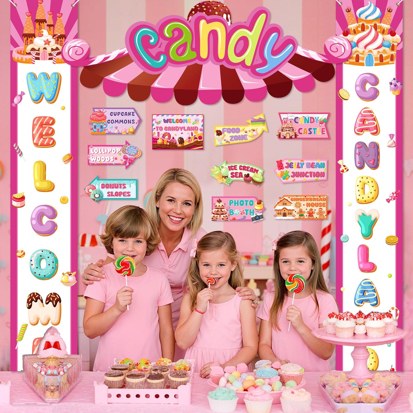 Candyland Party Decorations Welcome Candyland Door Banner Porch Sign Lollipop Paper Cutouts Sweet Candy Theme Party Supplies for Kids Candy Land Birthday Baby Shower Halloween Christmas Decor