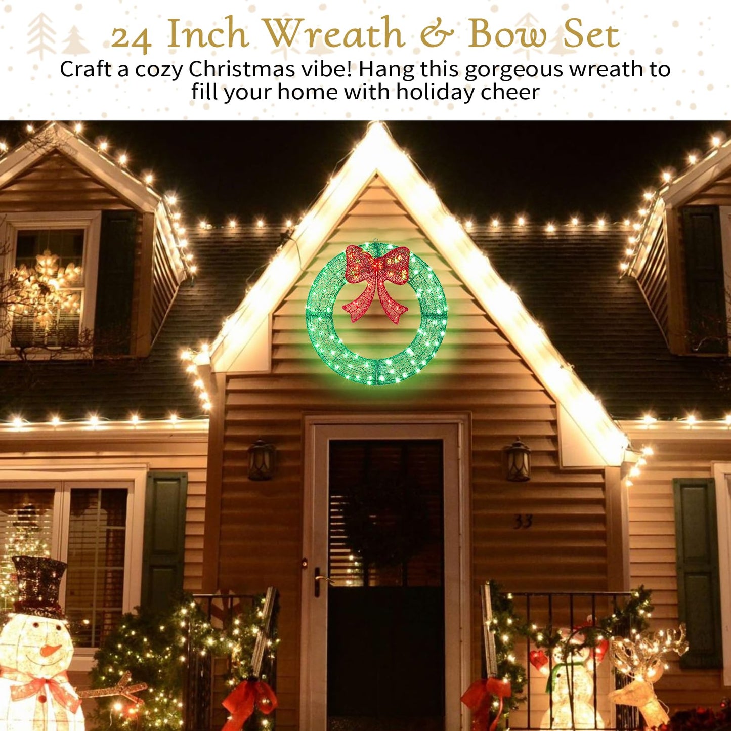 24" Pre-Lit Outdoor Christmas Wreath with 140 LED Lights and Bow, Lighted Metal Christmas Wreath Decoration with Timer Function for Xmas Home Wall Front Door Window Garage (Golden/Red, 24in)