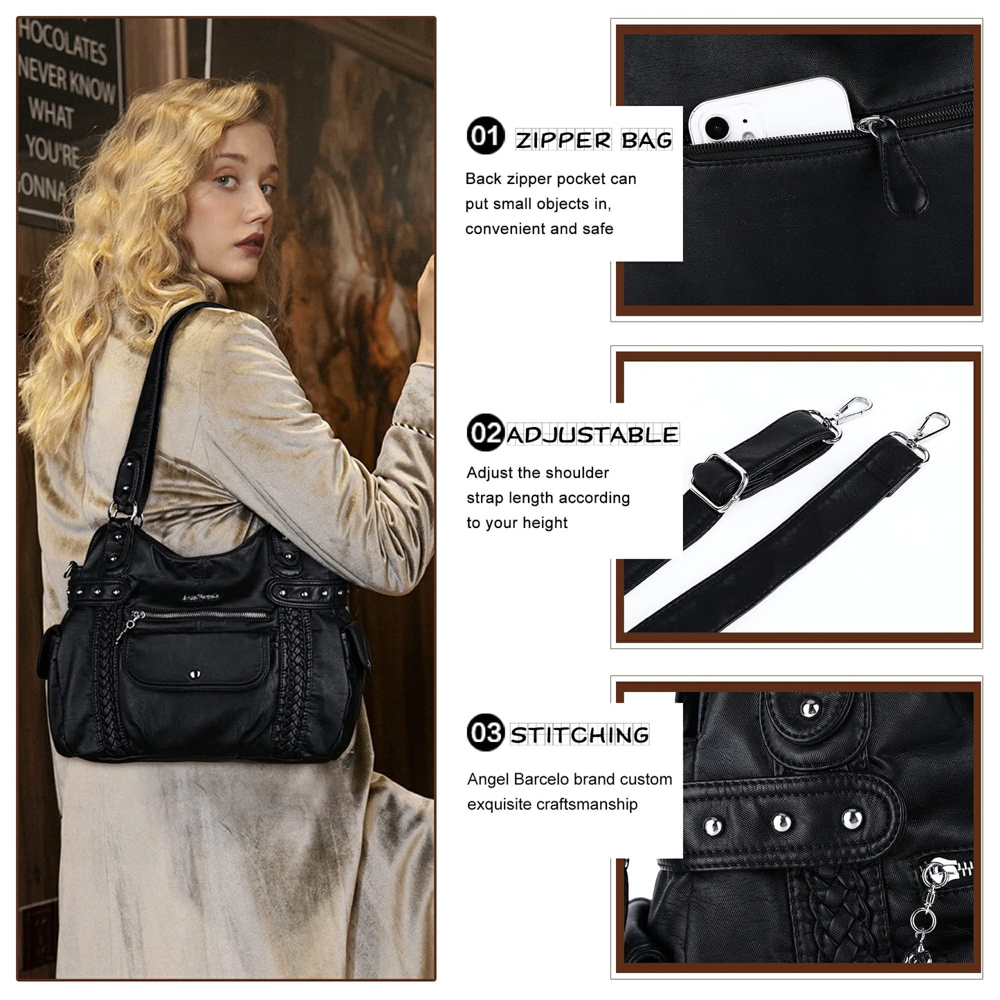 Angel Barcelo Large Purses for Women Soft PU Leather Hobo Bag for Women Shoulder Bag Black