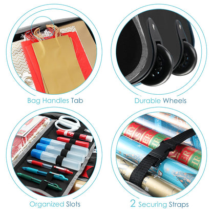 Hearth & Harbor Holiday Storage with Extra 2 PC of Christmas Storage Bins and Ribbon Storage Organizer - Fade Resistant Wrapping Paper Storage Containers with Wheels Fits Up to 30 Rolls of 40" Length