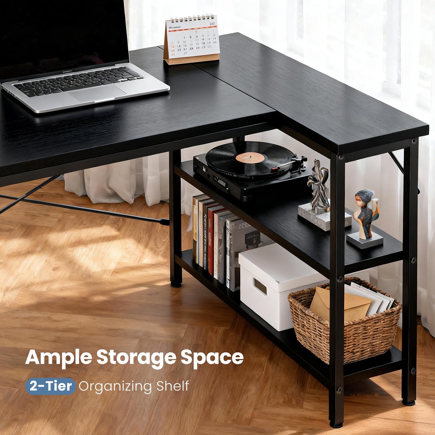 DUMOS L Shaped Desk 39 Inch Computer Desk Gaming Furniture Corner Desks Home Office PC Table with Reversible Storage Shelves for Writing Working Study Bedroom Dorm, Modern Black