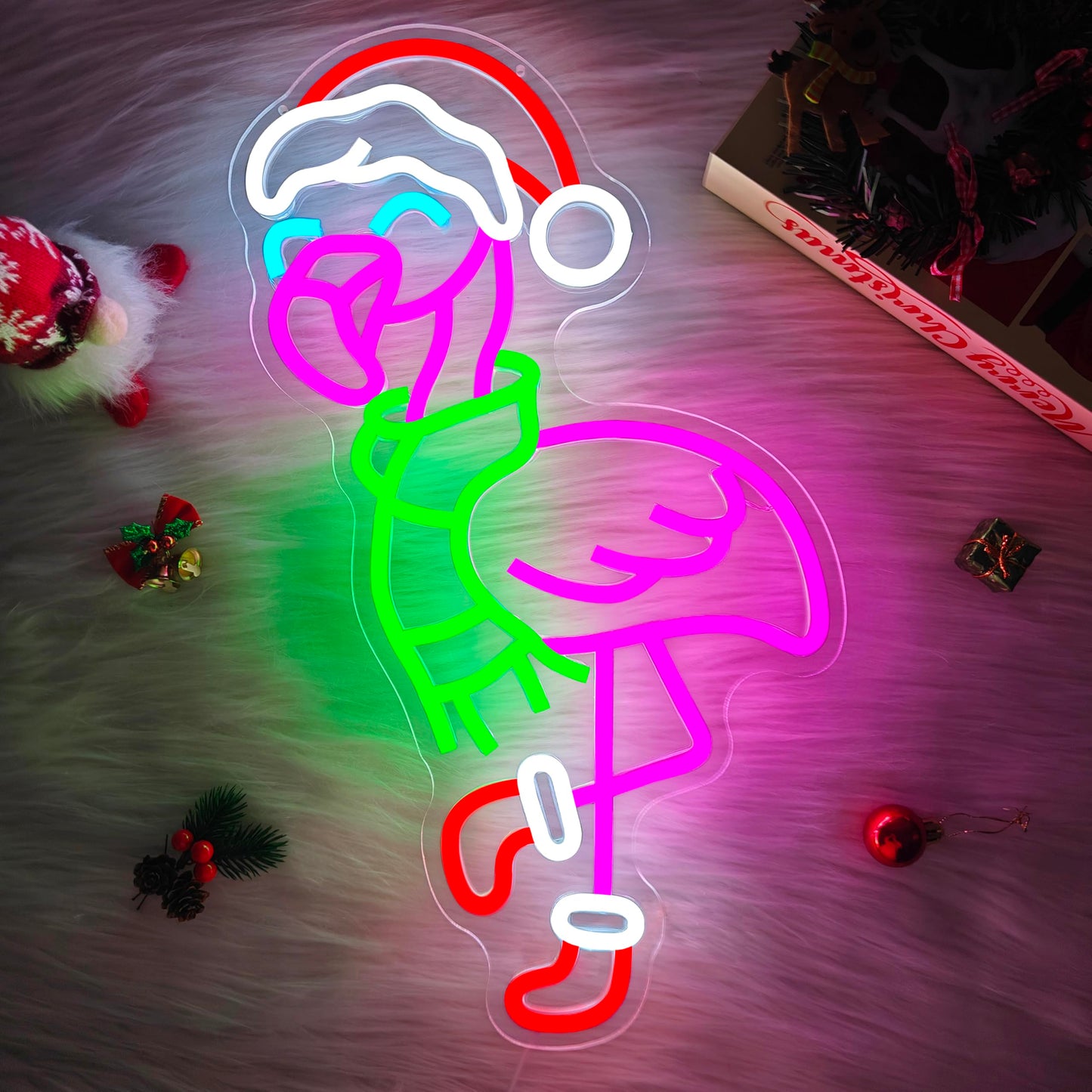 hhuohuona Christmas Flamingo Neon Sign Dimmable Pink Flamingo Christmas Led Sign Flamingos With Santa Hat & Scarf & Stockings Neon Light Tropical Coastal Wall Art Decor