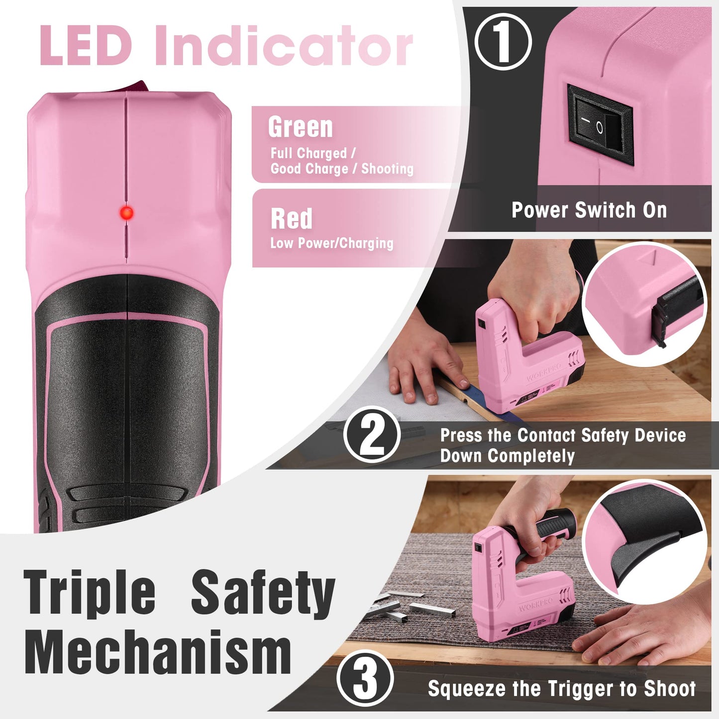 WORKPRO Electric Staple Gun, 2-in-1 Brad Nailer Electric with 2000PCS Staples Nails & USB Charger, 3.6V Staple Gun for Upholstering, Crafts, Carpentry, DIY, Pink Ribbon