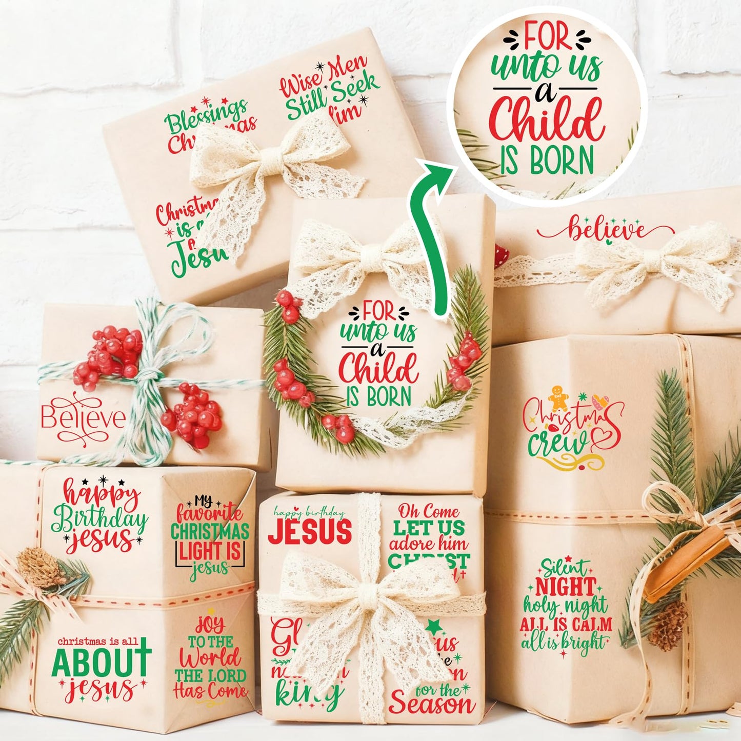 53 PCS Christmas Stickers for Crafts Nativity Decal Red Green Bible Decals Indoor Home Decorations Xmas Eve Vinyl Sticker for Ornaments Jesus Christian Religious Decal for Window Winter Holiday Gift