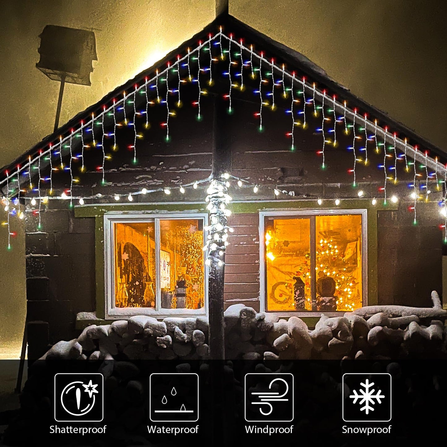 LAMPHOME 6.2FT 100 Multicolor Icicle Lights, White Wire, Indoor/Outdoor Christmas & Holiday Lights